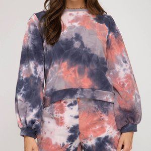 NEW! She & Sky Coral Navy Tie Die Cropped Sweatshirt Top